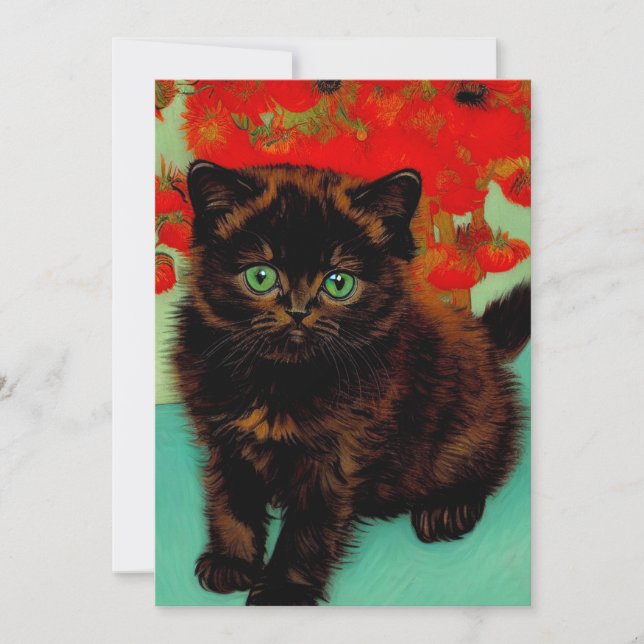 Invitación Gato negro de Van Gogh flores rojas (Anverso)