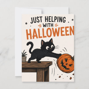 Invitación Gato Negro Divertido Derribando Calabaza de Hallow