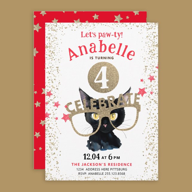 Invitación Gato Negro Divertido Purpurina Dorada Estrellas Ro (Subido por el creador)