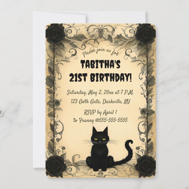 Invitación Gato negro editable y flores negras (Anverso)