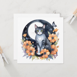 Invitación Gato Negro Elegante Arte Floral de Luna Amante de