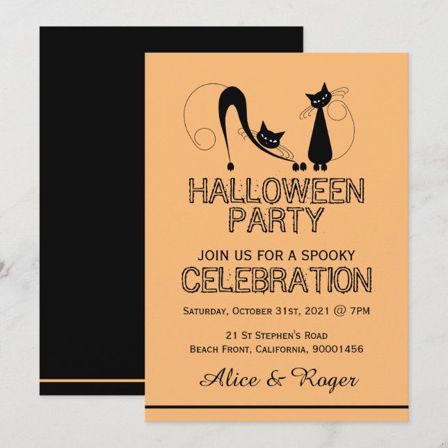 Invitación Gato negro elegante, fiesta de Halloween (Anverso / Reverso)