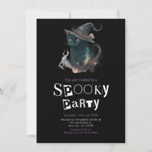 Invitación Gato Negro en Sombrero de Bruja Fiesta Espeluznant