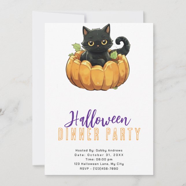 Invitación Gato negro en un Fiesta de la cena de Halloween (Anverso)