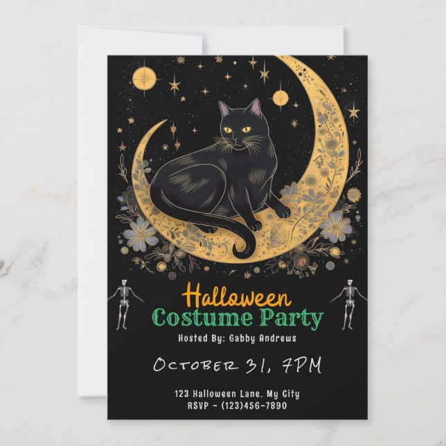 Invitación Gato negro en una luna creciente Halloween negro (Anverso)