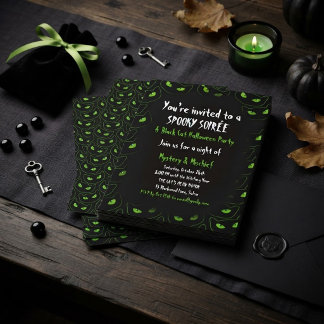 Invitación Gato negro espeluznante ojos neon verdes fiesta de