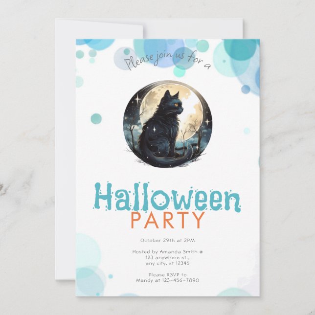 Invitación Gato negro estrellas de luna llena fiesta de Hallo (Anverso)
