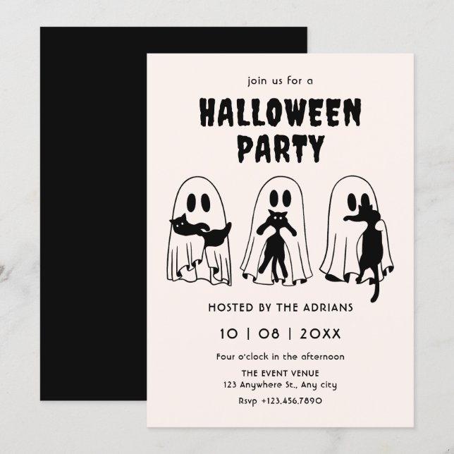 Invitación gato negro fantasma halloween  (Anverso / Reverso)