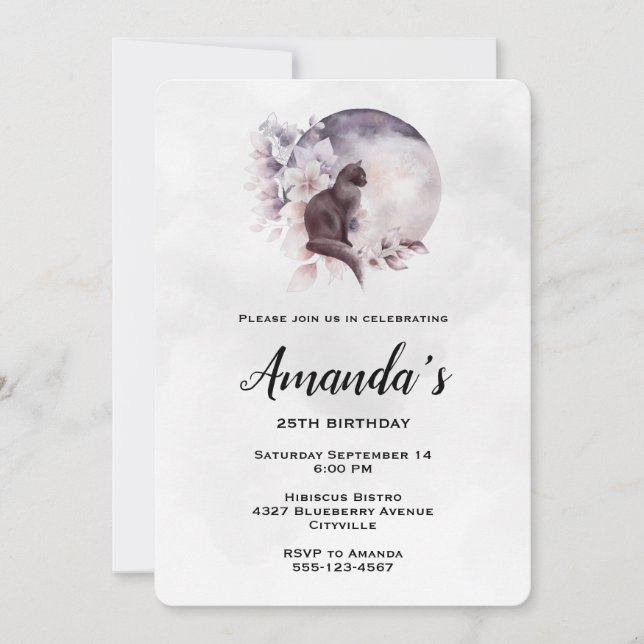 Invitación Gato negro frente a un cumpleaños mágico de luna l (Anverso)