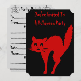 Invitación gato negro gracioso de Halloween con arco de atrás