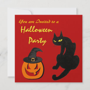 Invitación GATO NEGRO HALLOWEEN PARTY Naranja Púrpura