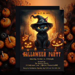 Invitación Gato Negro Lindo Bruja Sombrero Calabaza Fiesta Ha