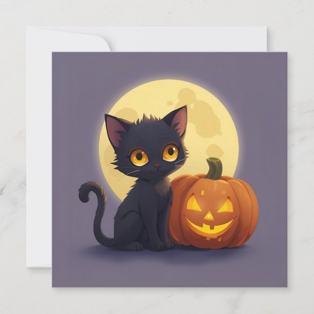 Invitación Gato negro lindo con calabaza tallada brillante (Anverso)
