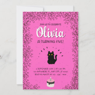 Invitación Gato negro lindo en celebración de fiesta rosa