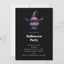 Invitación Gato negro lindo en el sombrero de una bruja Fiest