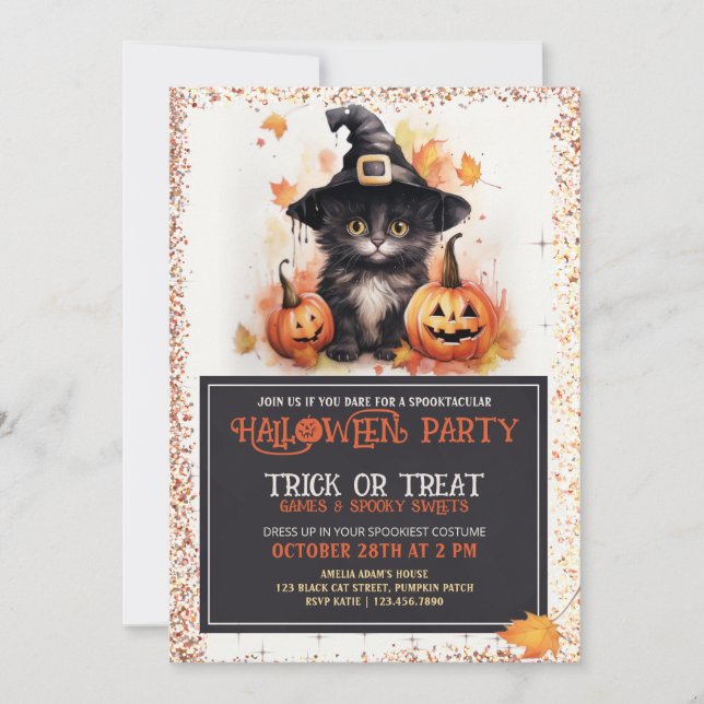 Invitación Gato negro lindo en la fiesta de Halloween de los  (Anverso)