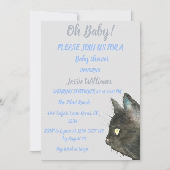 Invitación Gato negro lindo Kitty Gatito azul niño ducha (Anverso)