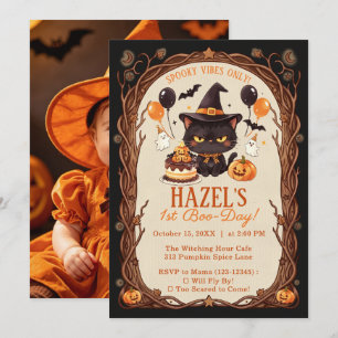 Invitación Gato negro lindo y espeluznante Halloween Bruja 1e