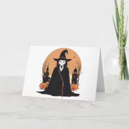 Invitación Gato Negro Místico de Salem con Calabazas
