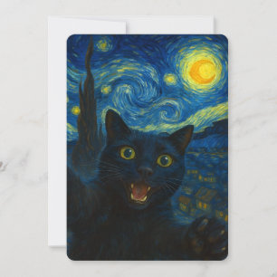 Invitación Gato Negro Noche Estrellada Van Gogh Gato Selfie