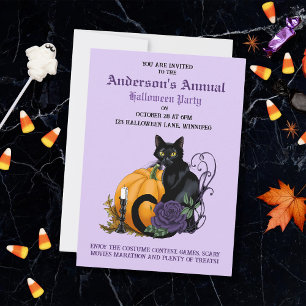 Invitación Gato Negro Rosa Púrpura Calabaza Fiesta de Hallowe