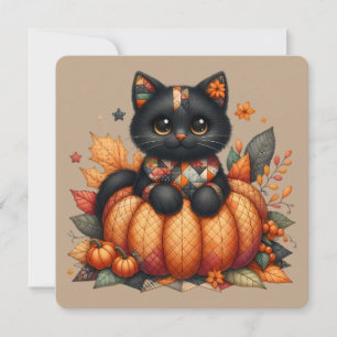 Invitación Gato Negro sobre Calabaza con Patrón de Colcha de