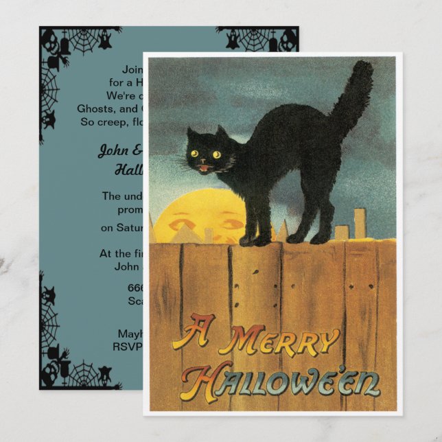 Invitación Gato Negro Vintage En Una Fence Halloween (Anverso / Reverso)
