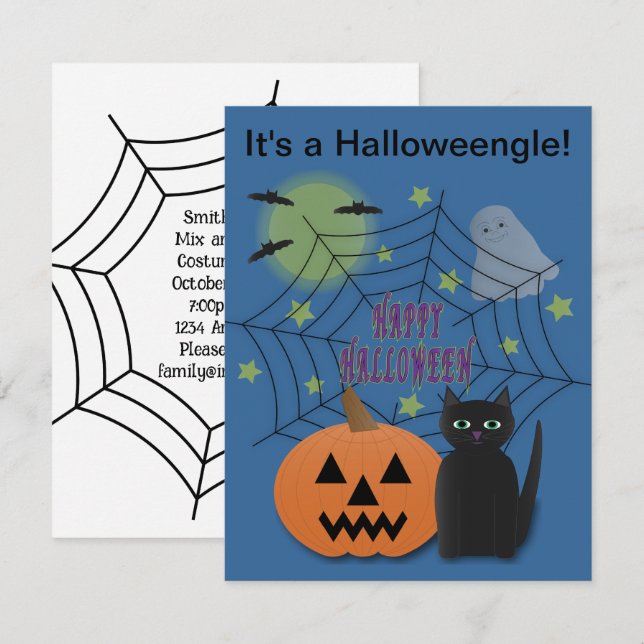 Invitación Gato negro y calabaza no asusta Halloweengle (Anverso / Reverso)