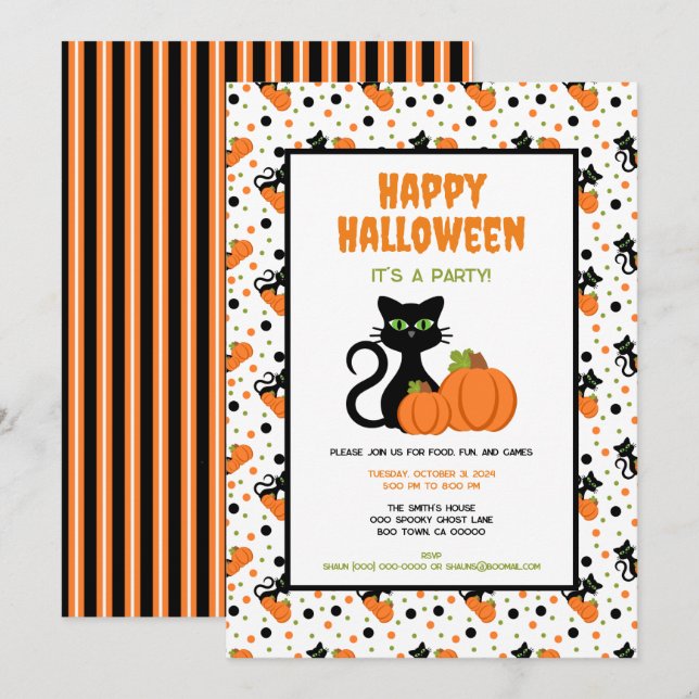 Invitación Gato negro y calabazas felices Halloween (Anverso / Reverso)