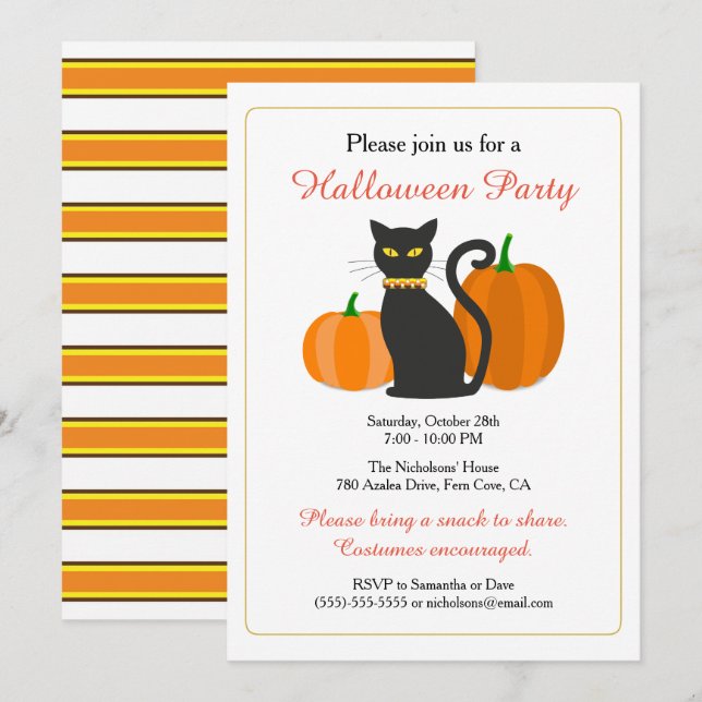 Invitación Gato negro y fiesta de Halloween de las calabazas (Anverso / Reverso)
