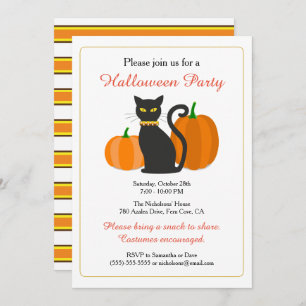 Invitación Gato negro y fiesta de Halloween de las calabazas