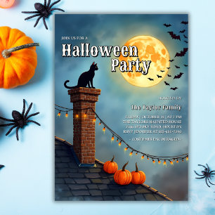 Invitación Gato negro y fiesta de Halloween de luna llena