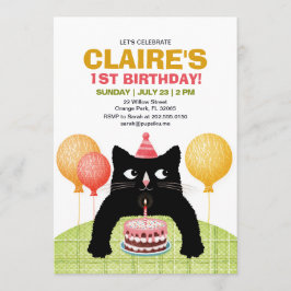 Invitación Gato negro y pastel de cumpleaños.
