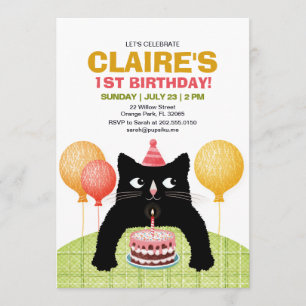 Invitación Gato negro y pastel de cumpleaños.