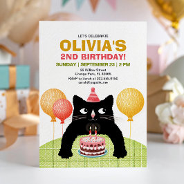 Invitación Gato negro y pastel de cumpleaños.