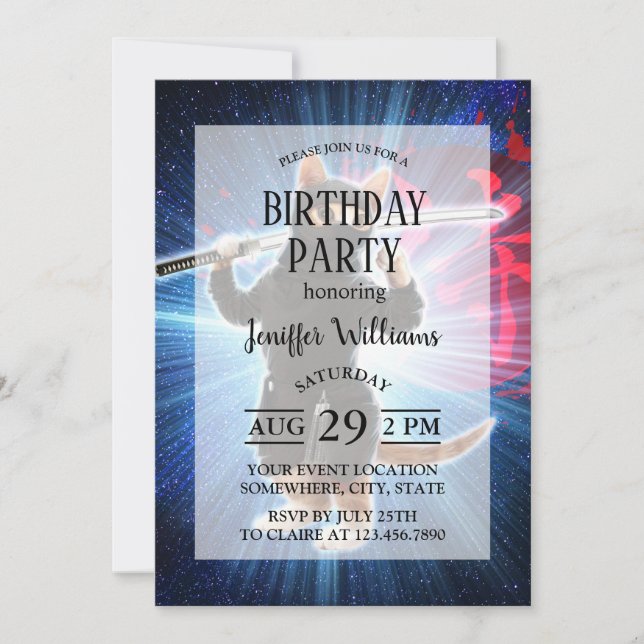 Invitación Gato Ninja en el espacio. (Anverso)