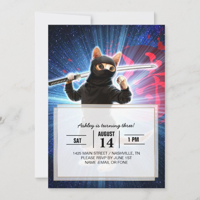 Invitación Gato Ninja en el espacio. (Anverso)