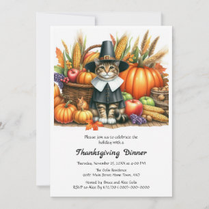 Invitación Gato peregrino de Acción de Gracias y calabazas
