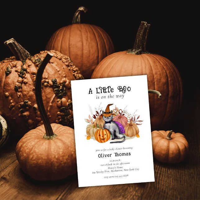 Invitación Gato poema de chicle en Baby Shower Gorra de bruja (Little Boo Poem Cat in Witch Hat Baby Shower Invitation)