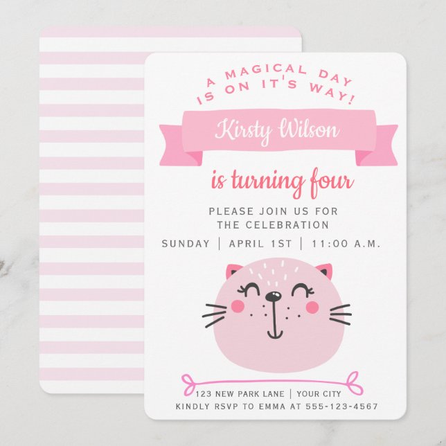Invitación Gato rosa y rayas rosadas lindo - Niños Cumpleaños (Anverso / Reverso)