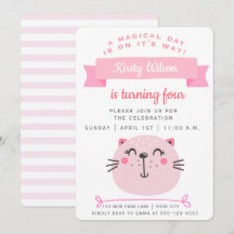 Gato rosa y rayas rosadas lindo - Niños Cumpleaños