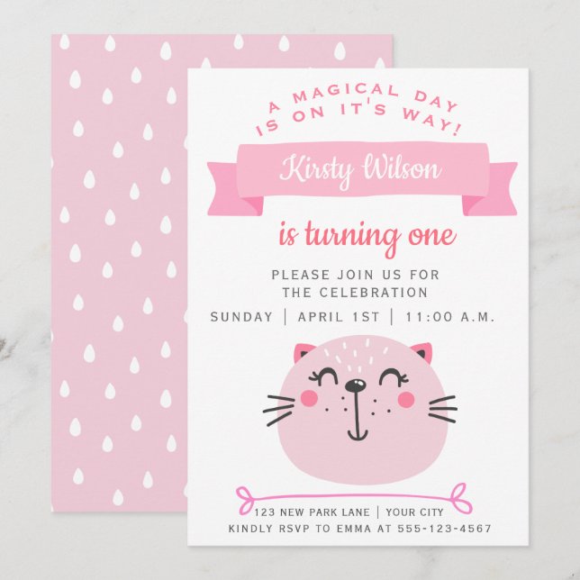 Invitación Gato rosado | Cumpleaños de los niños (Anverso / Reverso)