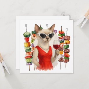 Invitación Gato siamés bebiendo vino en una fiesta de barbaco