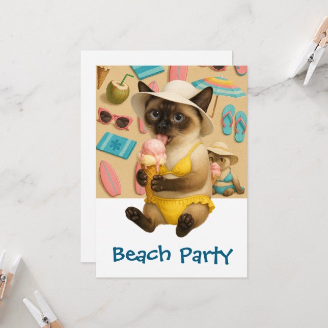 Invitación Gato siamés lamiendo helado fiesta de playa (Anverso/Reverso In Situ)