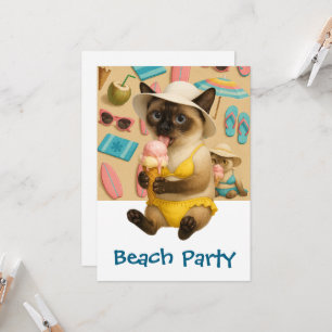 Invitación Gato siamés lamiendo helado fiesta de playa