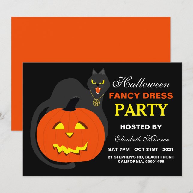 Invitación Gato sobre calabaza Fiesta de la moda de Halloween (Anverso / Reverso)