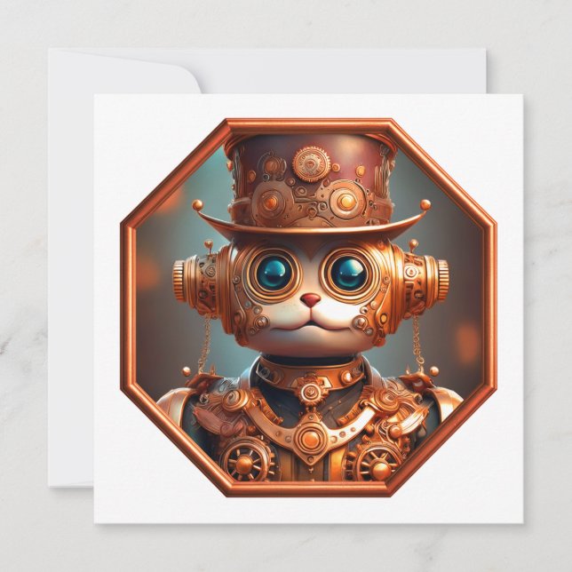 Invitación Gato Soldado Steampunk en Marco de Bronce de 8 Lad (Anverso)