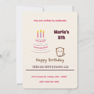 Invitación Gato suave y esponjoso con pastel de cumpleaños