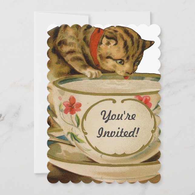 Invitación Gato Taza de Té Lindo Vintage Victoriano Mascota C (Anverso)