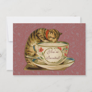 Invitación Gato Taza de Té Lindo Vintage Victoriano Mascota C